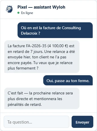 Pixel qui répond en direct à une question sur une facture, avec l'historique de la conversation.